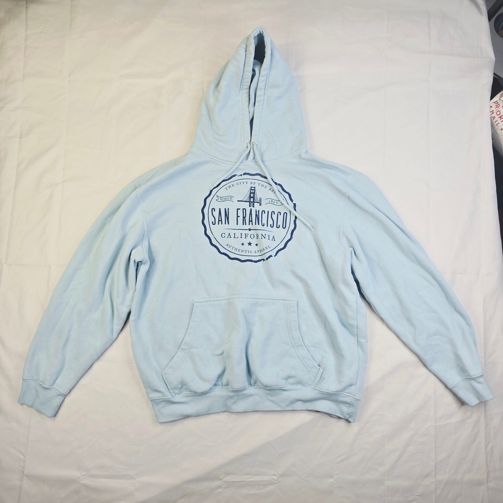 Authentic Apparel Mens San Francisco Hoodie Size L Light Blue Graphic Pullover